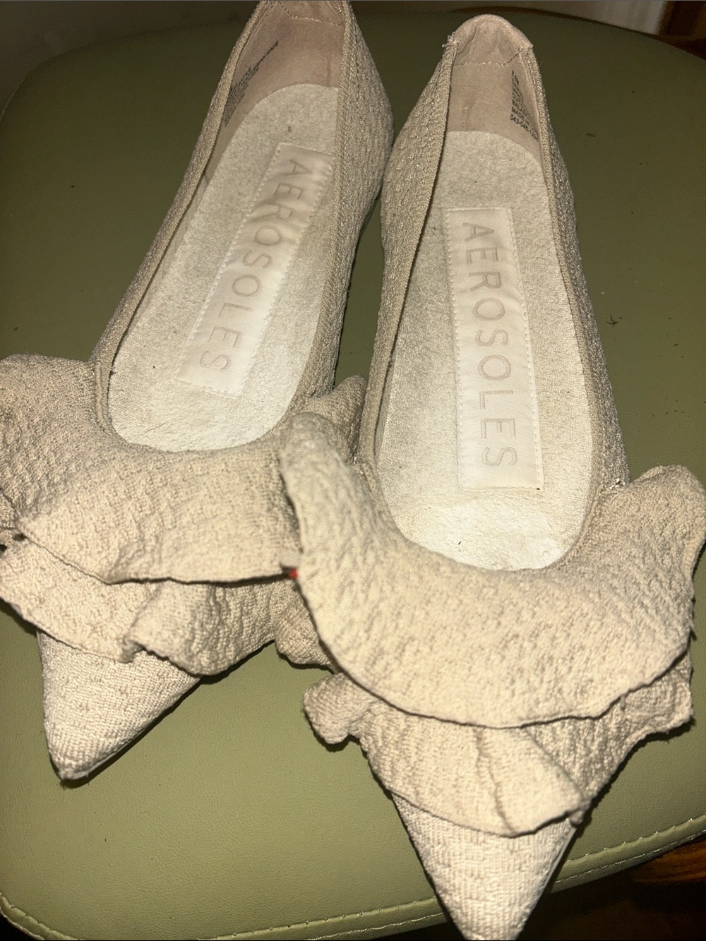 AEROSOLES Beige Pointed-Toe Ruffle Ballet Flats